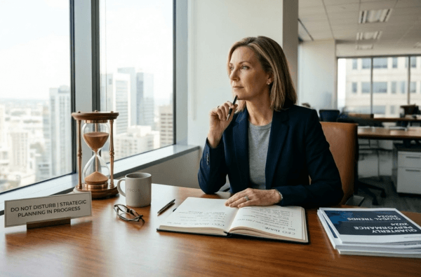 CEO Hour - Woman CEO thinking critically about what she needs to accomplsih at her desk.